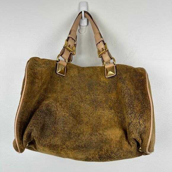 Michael Kors Womens MK Logo Distressed Burnt Gold/Brown Satchel Shoulder Bag - Picture 2 of 9